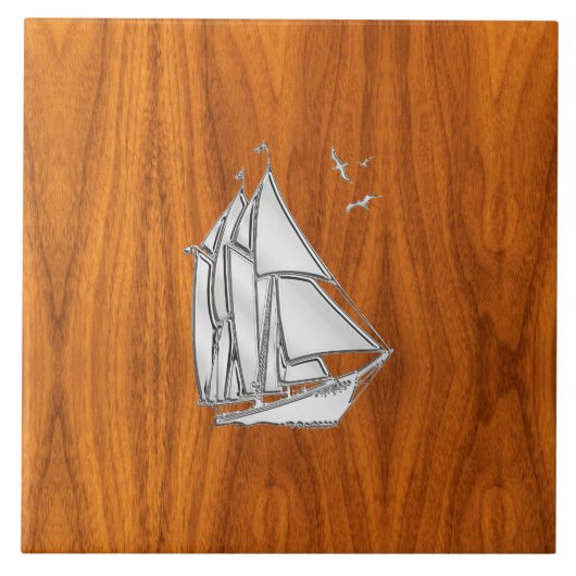 Chrome Silver wie Sailboat auf Teak Veneer Fliese (Vorderseite)