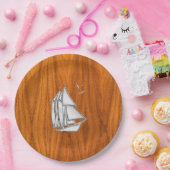 Chrome Silver wie Sailboat auf Teak Veneer Pappteller (Party)