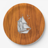 Chrome Silver wie Sailboat auf Teak Veneer Pappteller (Vorderseite)