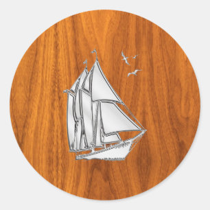 Chrome Silver wie Sailboat auf Teak Veneer Runder Aufkleber