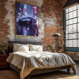 Chrome Sports Car in Cyberpunk Neon City at Night Poster