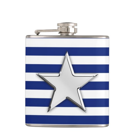 Chrome Star auf Navy Stripes Flachmann (Vorderseite)