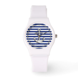 Chrome Style Anchor auf Navy Stripes Decke Armbanduhr