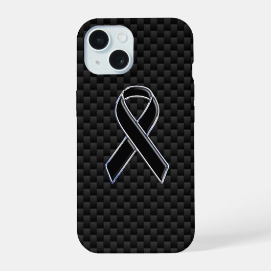 Chrome Style Black Ribbon Awareness Carbon Fibre iPhone 15 Hülle (Rückseite)