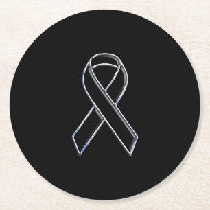 Chrome Style Black Ribbon Awareness on Black Runder Pappuntersetzer