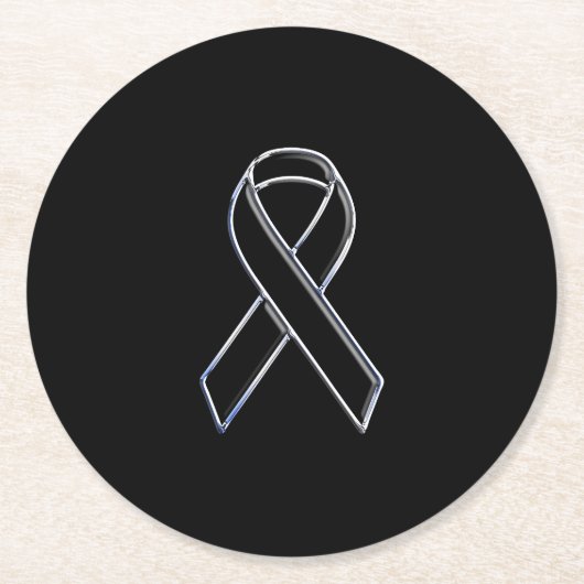 Chrome Style Black Ribbon Awareness on Black Runder Pappuntersetzer (Vorderseite)