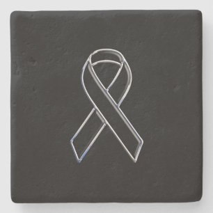 Chrome Style Black Ribbon Awareness on Black Steinuntersetzer