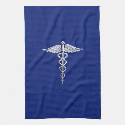 Chrome Style Caduceus Medical Symbol auf Navy Blue Geschirrtuch (Vertikal)