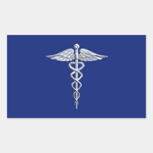 Chrome Style Caduceus Medical Symbol auf Navy Blue Rechteckiger Aufkleber