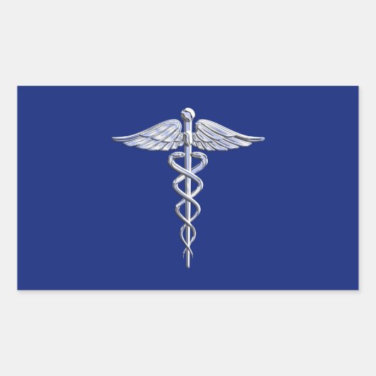 Chrome Style Caduceus Medical Symbol auf Navy Blue Rechteckiger Aufkleber (Vorderseite)