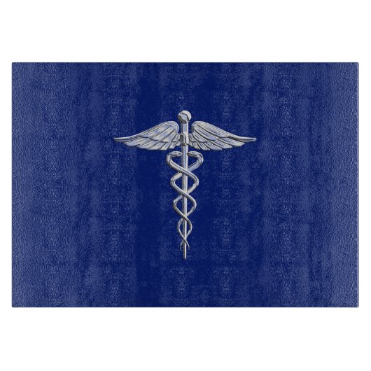 Chrome Style Caduceus Medical Symbol auf Navy Blue Schneidebrett (Vorderseite)