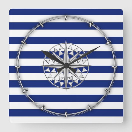 Chrome Style Compass on Nautical Stripes Quadratische Wanduhr (Vorderseite)