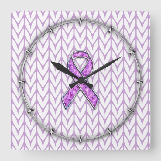 Chrome Style Crystal Pink Ribbon Awareness Strick Quadratische Wanduhr (Vorderseite)