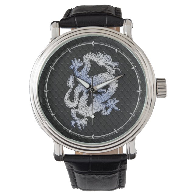 Chrome Style Dragon in Black Snake Skin Print Armbanduhr (Vorderseite)