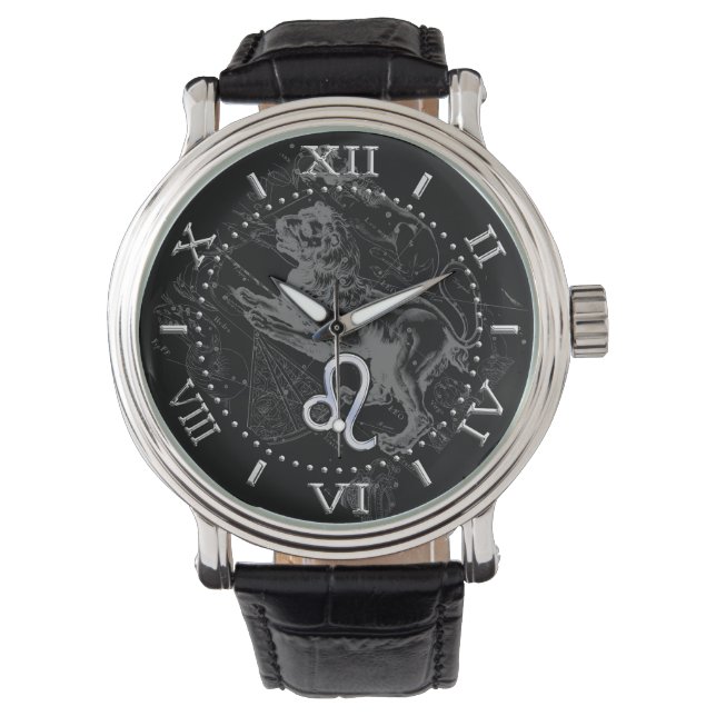 Chrome Style Leo Zodiac Sign auf Hevelius Dial Armbanduhr (Vorderseite)