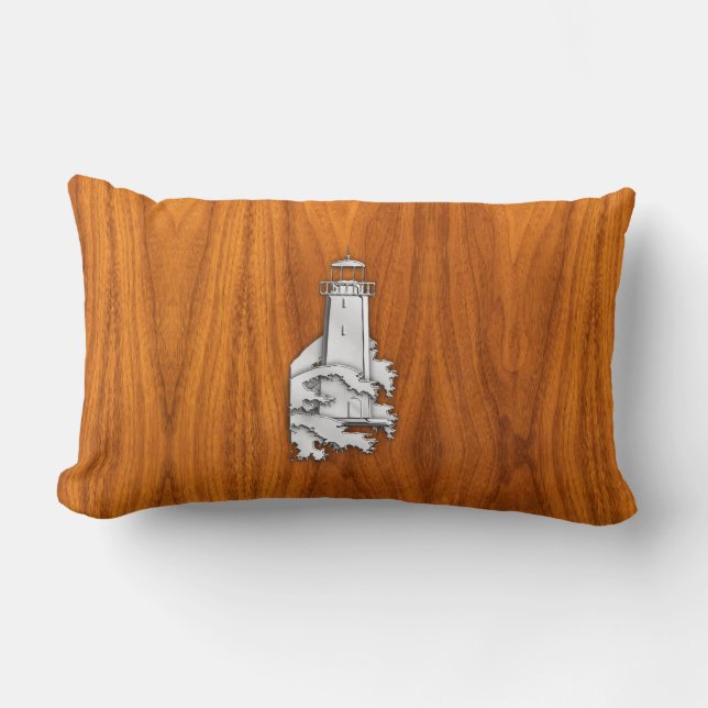 Chrome Style Lighthouse auf Teak Wood Deco Lendenkissen (Vorderseite)