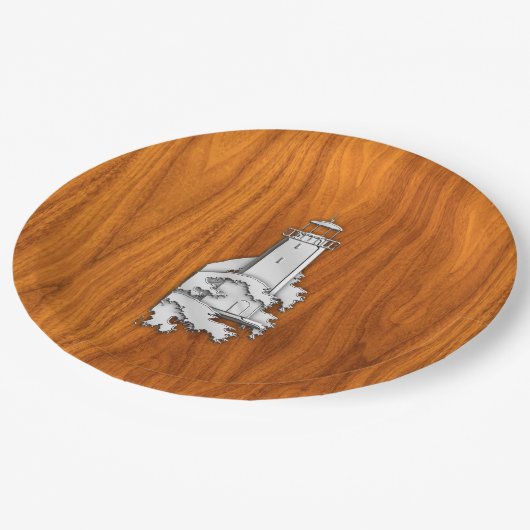 Chrome Style Lighthouse auf Teak Wood Deco Pappteller (Schrägansicht)