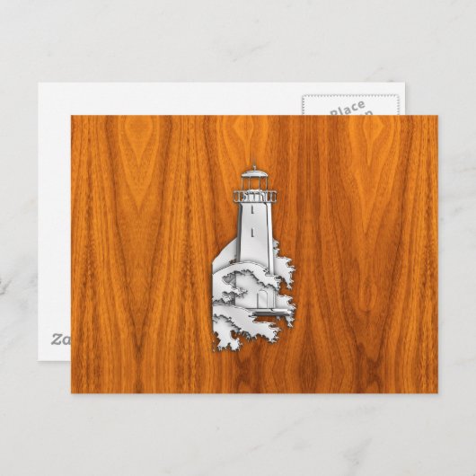 Chrome Style Lighthouse auf Teak Wood Deco Postkarte (Vorne/Hinten)