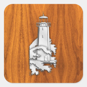 Chrome Style Lighthouse auf Teak Wood Deco Quadratischer Aufkleber