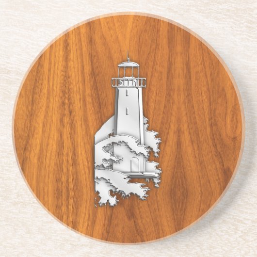 Chrome Style Lighthouse on Teak Wood Decor Sandstein Untersetzer (Vorne)