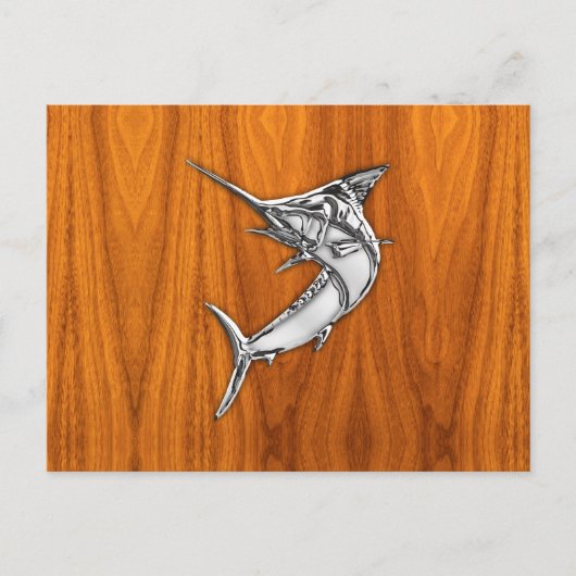 Chrome Style Marlin auf Teak-Holzdekor Postkarte (Vorderseite)