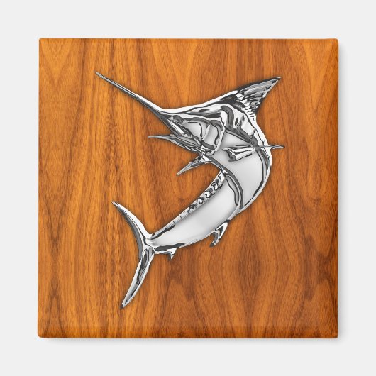 Chrome Style Marlin on Teak Wood Decor Magnet (Vorne)