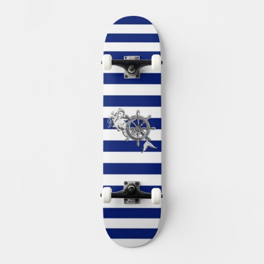 Chrome Style Mermaid auf nautischen Streifen Skateboard (Vorderseite)