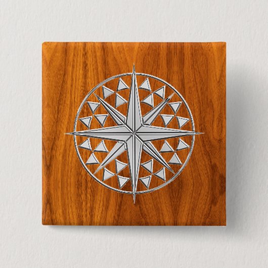 Chrome Style Nautical Compass Star auf Teak Veneer Button (Vorderseite)