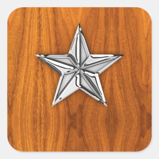 Chrome Style Nautical Star auf Teak Veneer Quadratischer Aufkleber (Vorderseite)