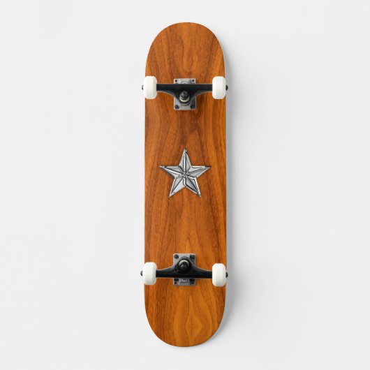 Chrome Style Nautical Star auf Teak Veneer Skateboard (Vorderseite)