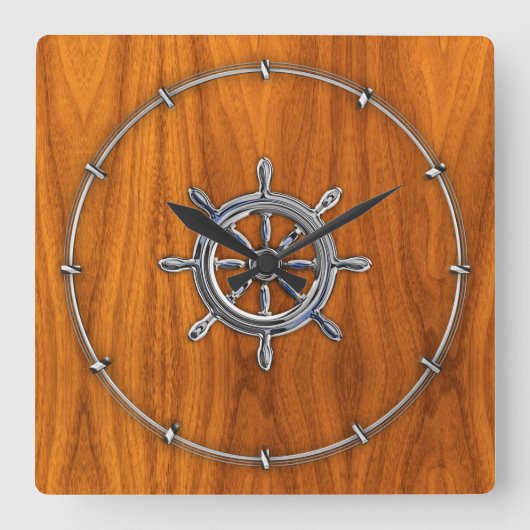Chrome Style Nautical Wheel on Teak Veneer Quadratische Wanduhr (Vorderseite)