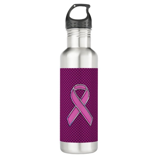 Chrome Style Pink Ribbon Awareness Carbon Fibre Trinkflasche (Vorderseite)