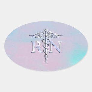 Chrome Style RN Caduceus Medical Mother Pearl Look Ovaler Aufkleber