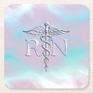 Chrome Style RN Caduceus Medical Mother Pearl Look Rechteckiger Pappuntersetzer