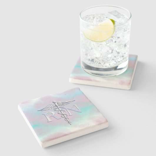 Chrome Style RN Caduceus Medical Mother Pearl Look Steinuntersetzer (Seitenansicht)