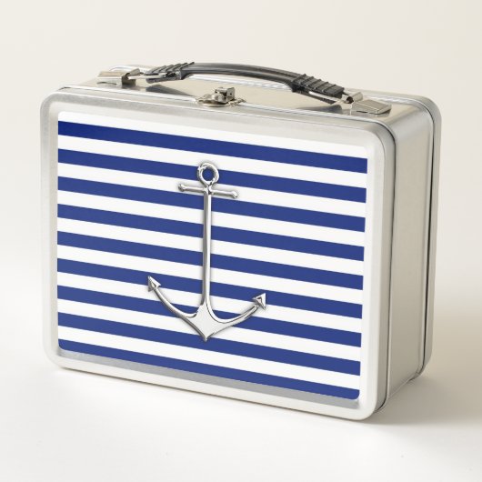 Chrome Style Thin Anchor auf Navy Stripes Metall Brotdose (Vorderseite)