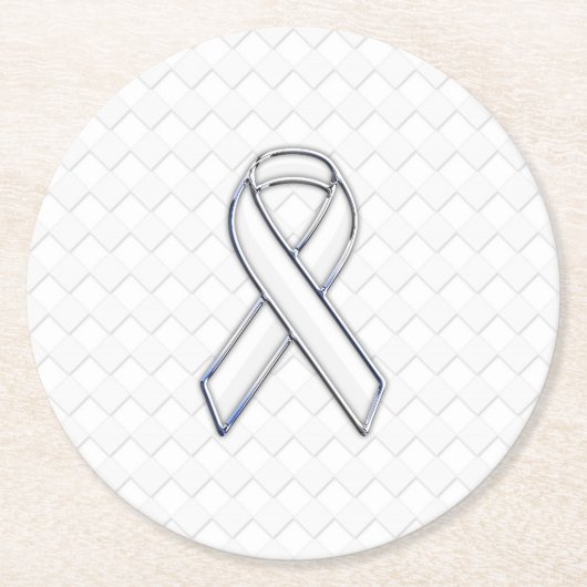 Chrome White Ribbon Awareness on Checkers Runder Pappuntersetzer (Vorderseite)
