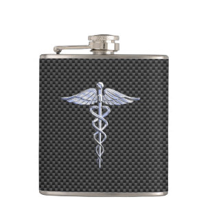Chrome wie Caduceus Medical Symbol Carbon Fibre Flachmann