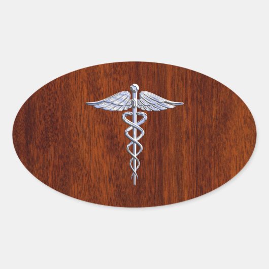 Chrome wie Caduceus Medical Symbol Mahogany Brown Ovaler Aufkleber (Vorderseite)
