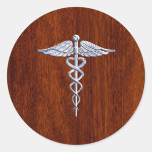 Chrome wie Caduceus Medical Symbol Mahogany Brown Runder Aufkleber