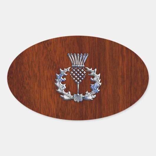Chrome wie Mahogany Wood Grain Scottish Thistle Ovaler Aufkleber (Vorderseite)