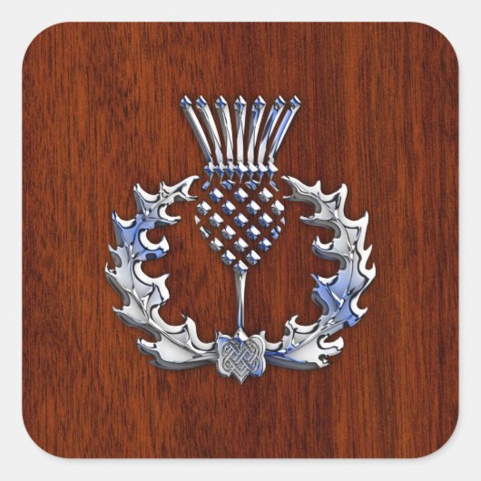 Chrome wie Mahogany Wood Grain Scottish Thistle Quadratischer Aufkleber (Vorderseite)