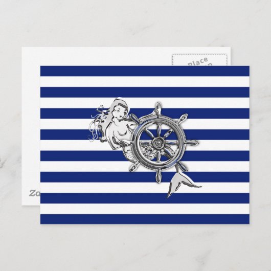 Chrome Wie Mermaid auf nautischen Streifen Postkarte (Vorne/Hinten)