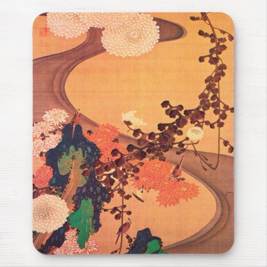 Chrysanthemas durch einen Fluss mit Felsen (1760) Mousepad (Vorne)