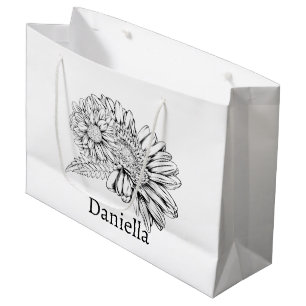 Chrysantheme Black Line Zeichnung mit Ihrem Namen Große Geschenktüte