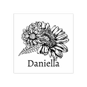 Chrysantheme Black Line Zeichnung mit Ihrem Namen Gummistempel