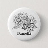 Chrysantheme Schwarz Linienzeichnung mit Ihrem Nam Button (Vorderseite)
