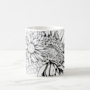Chrysantheme Schwarz Linienzeichnung mit Ihrem Nam Kaffeetasse