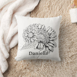 Chrysantheme Schwarz Linienzeichnung mit Ihrem Nam Kissen
