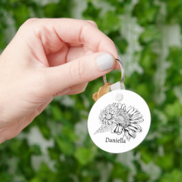 Chrysantheme Schwarz Linienzeichnung mit Ihrem Nam Schlüsselanhänger